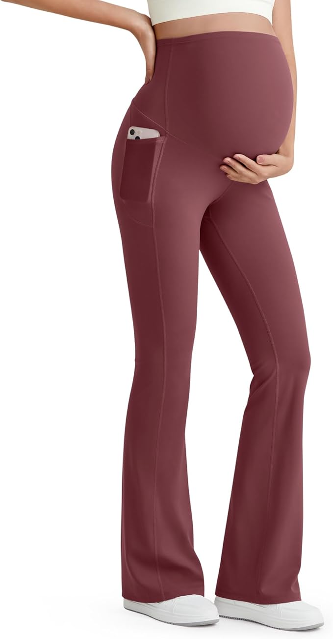 G4Free BareFeel Maternity Flare Leggings with Pockets Over The Belly Stretchy Casual Lounge Pregnancy Dress Pants for Work