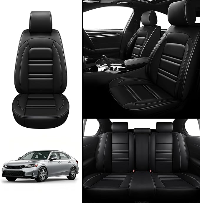 Seat Covers for Honda Civic 2001-2025 | 5-Seats Leather Seat Covers, Easy to Install Automotive Seat Covers Full Set (Full Set, Black)