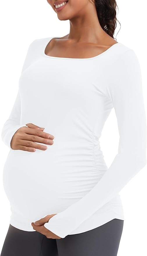 MathCat Maternity Long Sleeve Shirt with Thumbleholes, Maternity Tops Squar Neck Side Ruched Pregnancy Yoga Casual Tee
