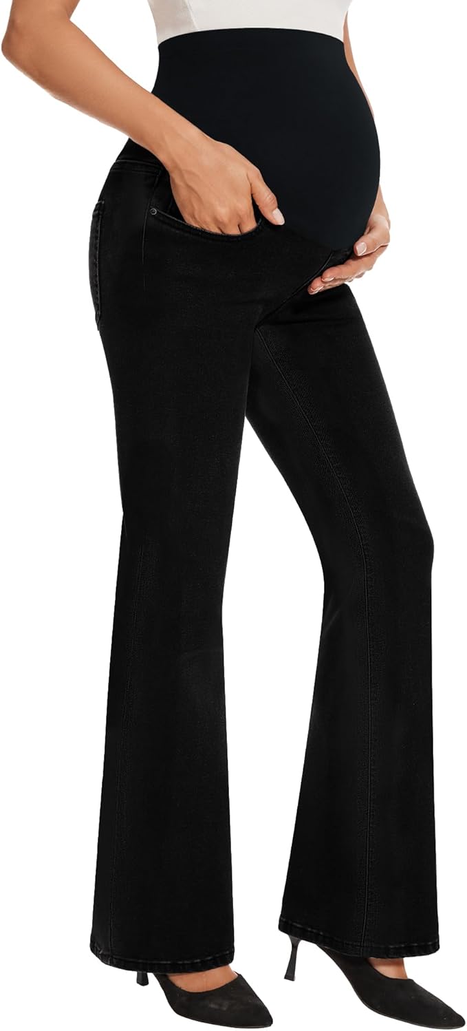 GLAMIX Women's Stretch Maternity Bootcut Jeans with Pockets Over The Belly Bell Bottoms Flare Denim Pants Pregnancy Clothes