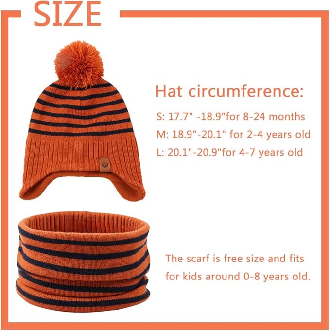 JANGANNSA Knitted Baby Hat Scarf Set Winter Warm Boys Girls Beanie Fleece Lining Toddler Kids Hats with Pompom