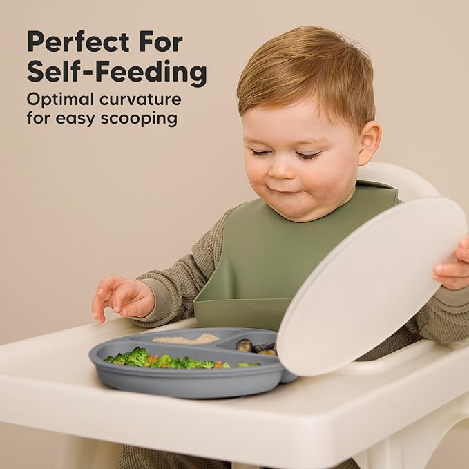 KeaBabies Suction Plates with Lids for Baby - 3-Pack 100% Silicone Toddler Plates with Suction, Divided, BPA-Free Baby Led Weaning Essentials for Kids, Dishwasher, Microwave Safe, Durable (Slate)
