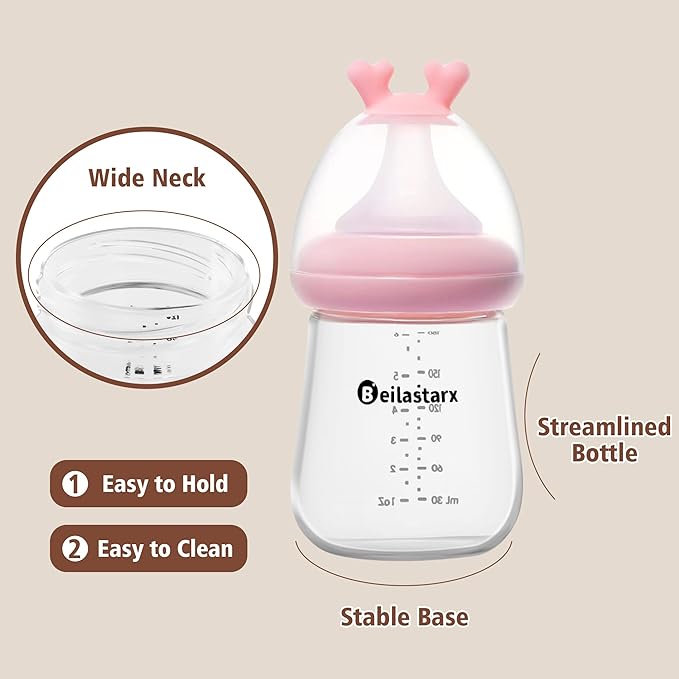 Glass Baby Bottles with Natural Response Nipple Size S - Anti Colic Baby Bottles Wide Neck Slow Flow Baby Bottle (Multicolor, 6oz (Pack of 4))