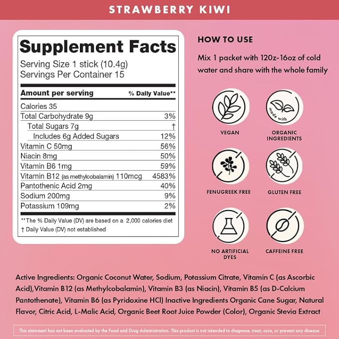 Boobie Hydromom Superfood Electrolyte Drink Mix, Strawberry Kiwi | Refreshing Energy & Hydration Boost for Mamas | On-The-Go & Travel Essentials for Pregnancy, Lactation, & Beyond, 10 Packets