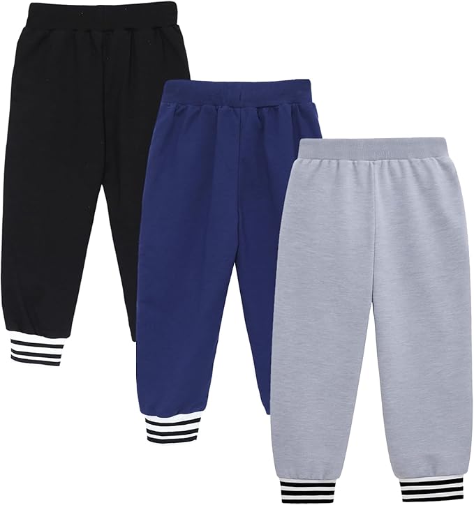 HILEELANG Toddler Boys Cotton Jogger Sweatpants 3 Pack, Soft Adjust Elastic Waist Pants with Pockets, Sizes 12M-7T