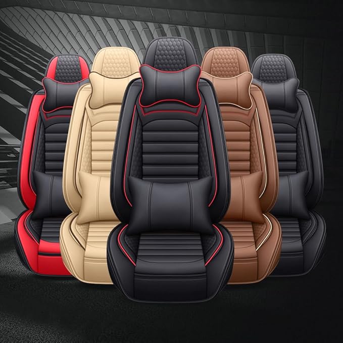 Leather Car Seat Covers for Toyota Corolla 2006-2024,Car Seat Covers Full Set,Seat Covers with Safety,Waterproof Seat Cover Compatible Airbag(5pcs Black&Red Luxury)