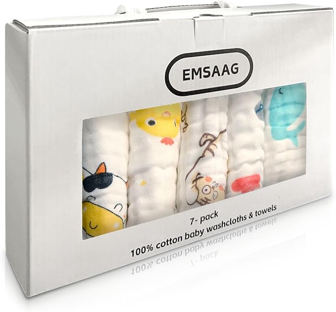 Muslin Baby Washcloths Pack of 7-Gift Boxed Mixed Patten, Absorbent Baby Bath and Face Towels,100% Cotton Baby Wipes Newborn,Burp Cloths,Feeding Towels for Babies and Infants,Reusable-10x10