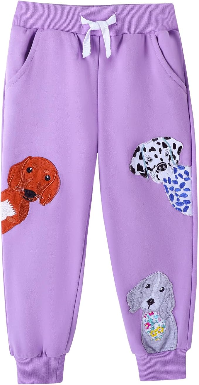 HILEELANG Girls Cotton Joggers Sweatpants Embroidery Drawstring Waist Pockets Casual Pants for Kids 12M-7Y