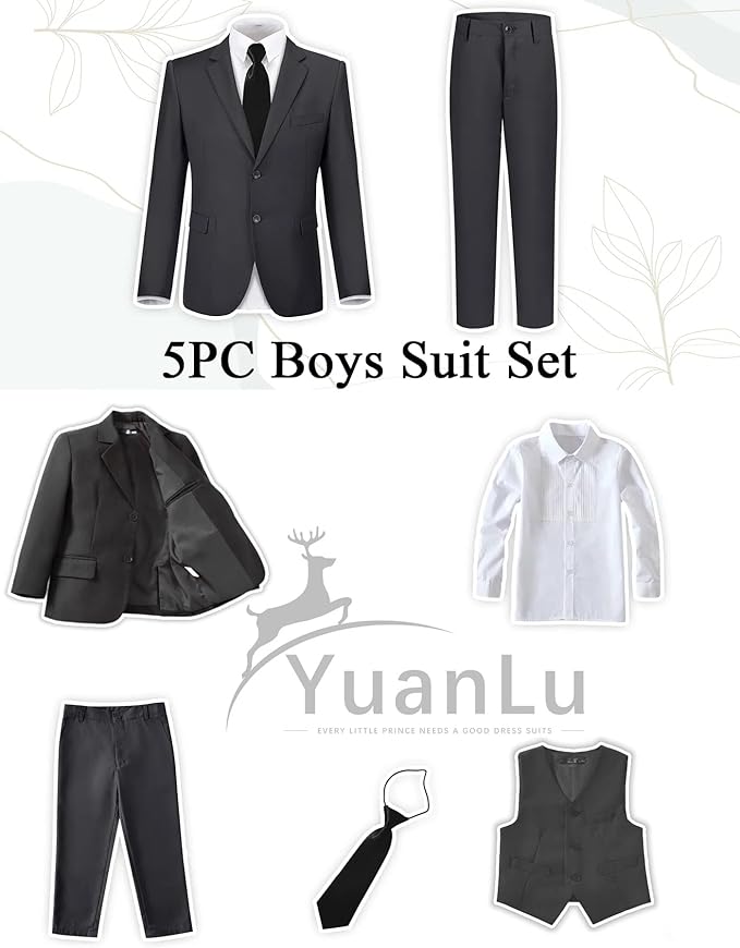 YuanLu Boys Suit for Kids Tuxedo Wedding Ring Bearer Outfit, 5 Piece Boy Slim Fit Formal Suits with Adjustable Waist