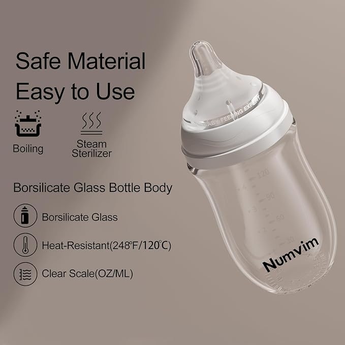 Natural Glass Baby Bottle for Breastfeeding Babies, Baby Essentials, Gentle Medium Flow, Wide Neck Bottle with Anti Colic Nipple for 3 Months Babies, Includes M Nipples (8Oz, 2 Packs)