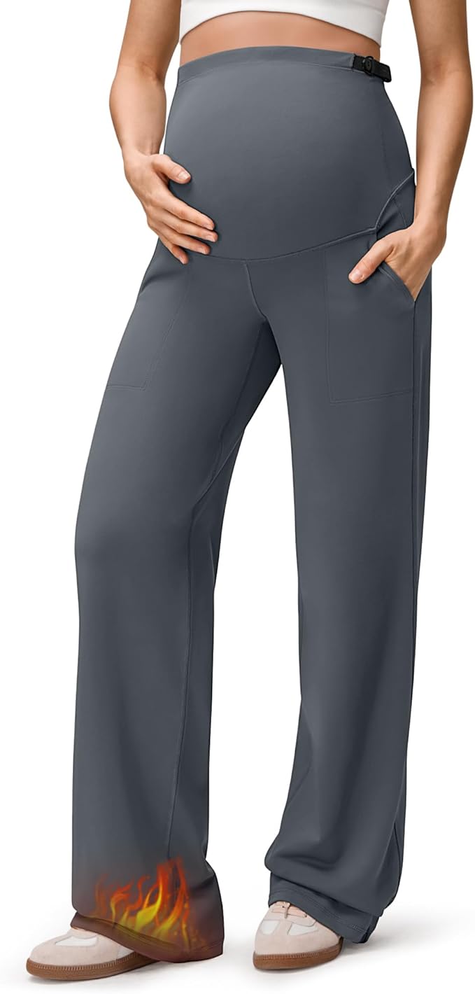 G4Free EverGoing Fleece Lined Maternity Wide Leg Pants Over The Belly Pregnancy Trousers with Pockets