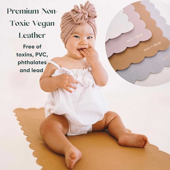 Ava + Oliver Vegan Leather Baby Changing Mat (16 X 30 in) - Multipurpose Wipeable and Portable Diaper Mat - Foldable for Travel (Tan Scallop)
