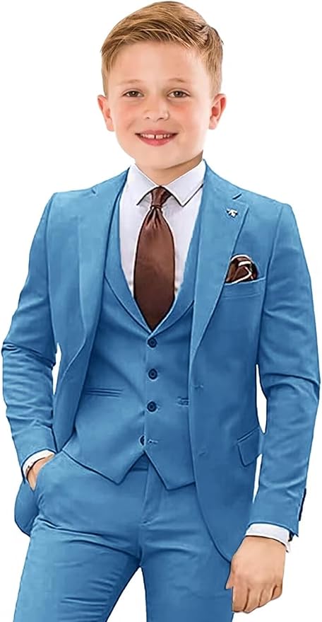 Boys Suit 4 Piece Slim Fit Kids Tuxedo Suit Formal Wedding Outfit Blazer Vest Pants Set with Tie