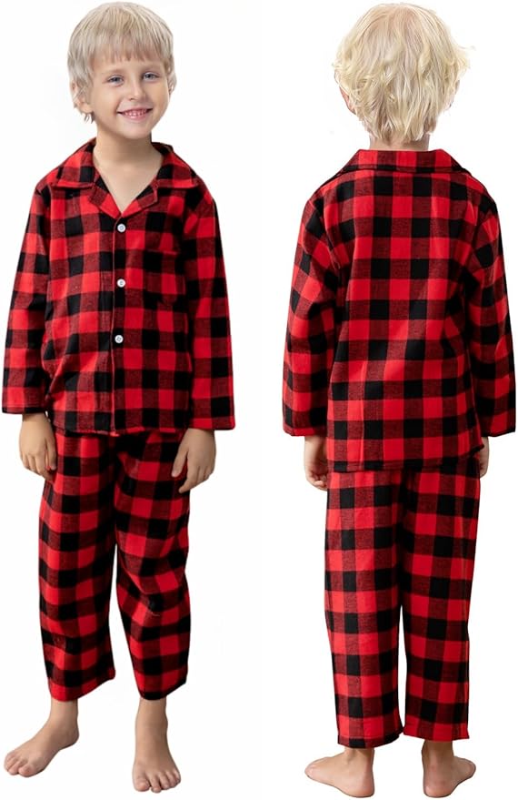 Schbbbta Kids Pajamas Set, Plaid Button Down Pjs for Girls & Boys, 9 Months - 14 Years