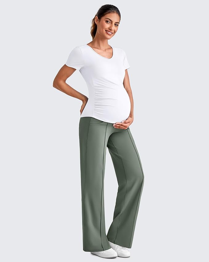 G4Free Maternity Dress Yoga Pants with Pockets Over The Belly Stretchy Work Slack Pregnancy Wide Leg Lounge Trousers