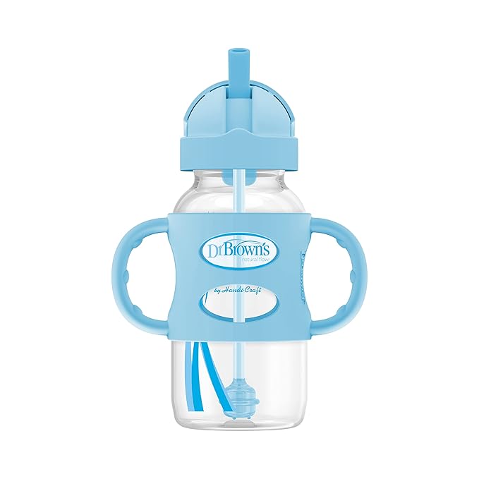 Dr. Brown's Milestones Wide-Neck Sippy Straw Bottle with 100% Silicone Handles and Weighted Straw, 9 oz/270 mL, Gray & Blue, 6m+ (Pack of 6)