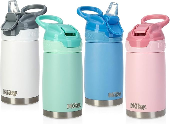 Nuby Thirsty Kids No Spill Flip-It Reflex Stainless Steel Travel Cup or Water Bottle - 10 Oz - 18+ Months - Blue - Back to School Essentials (Pack of 12)