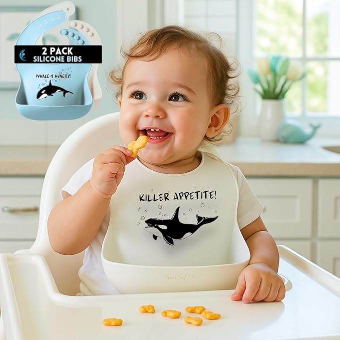Animal Silicone Bibs for Babies - 2 Pack Sea Life Bibs for Boys and Girls - Easy to Clean Adjustable