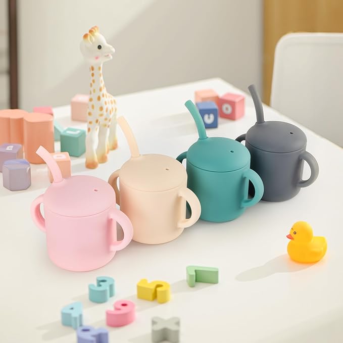 Silicone Baby Cup with Straw, Straw Cup for 6 months+ old, Leak Proof Silicone Baby Training Cup 6 fl oz (Beige)