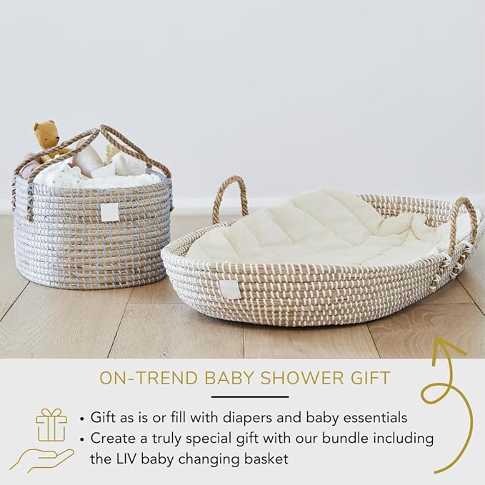 BEBE BASK Premium Light Blue Baby Diaper Caddy Organizer -Handmade - Seagrass Basket With Cotton Divider - Award-Winning & Luxury Diaper Caddy Basket - (Dove)