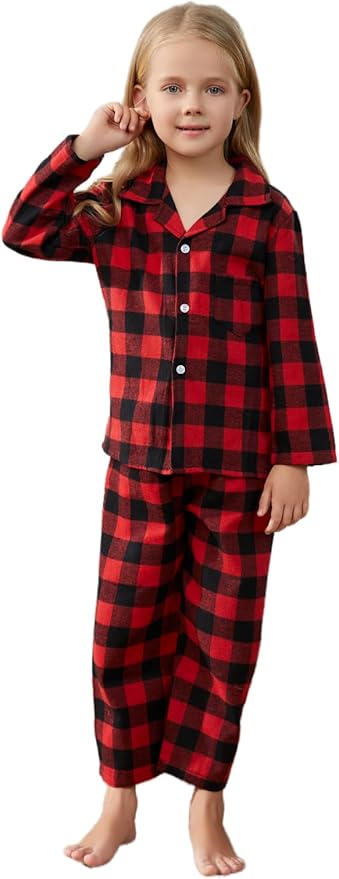 Schbbbta Kids Pajamas Set, Plaid Button Down Pjs for Girls & Boys, 9 Months - 14 Years