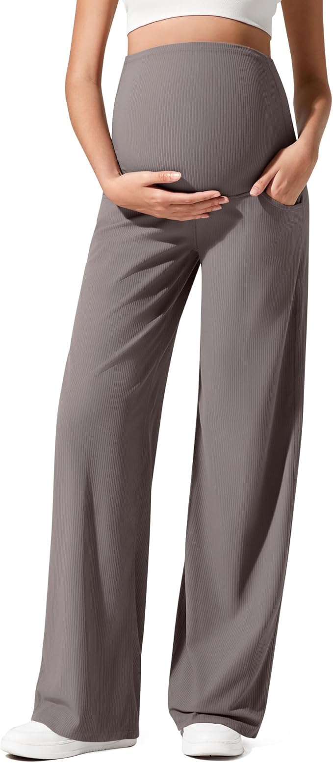 G4Free Ribbed Maternity Yoga Pants with Pockets Over The Belly Wide Leg Casual Pregnancy Lounge Trousers