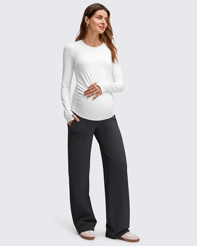 G4Free EverGoing Fleece Lined Maternity Wide Leg Pants Over The Belly Pregnancy Trousers with Pockets