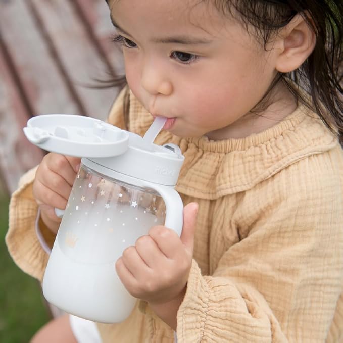 Richell On-the-Go Sippy Cup with Silicone Straw and Removable Handles, 10 oz, Easy Grip for Infant-Toddlers Sparkle Crown, Light Gray