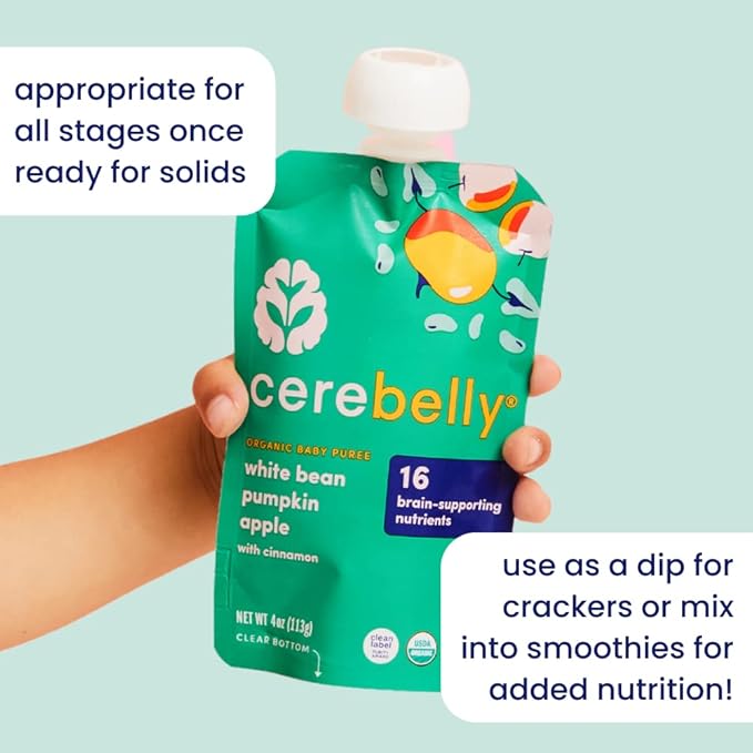 Cerebelly Organic Baby Food Pouches, Carrot Pumpkin Purees, 16 Nutrients, No Added Sugar, Fiber & Non-GMO, 4oz, 6 Pack