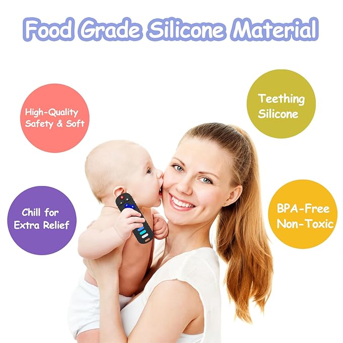Baby Teething Toys, Food Grade Silicone Teether for Babies 3 6 12 18 Months, TV Remote Shape Toddlers Chew Toys, Freezer BPA Free (Black+Khaki)