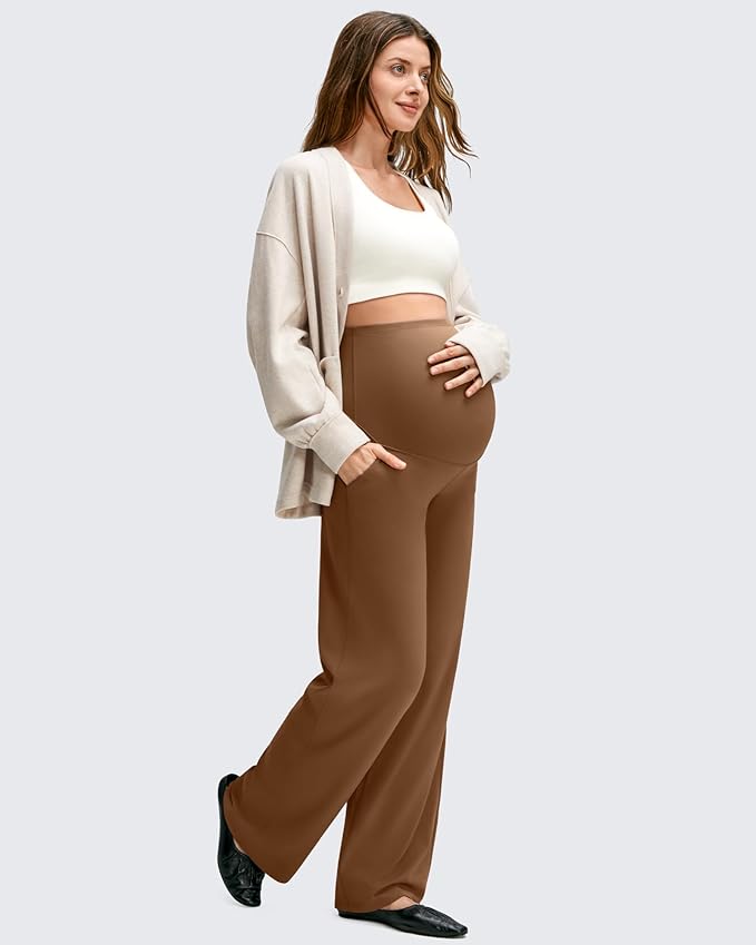 G4Free BareFeel Maternity Dress Yoga Pants with Pockets Over The Belly Stretchy Work Slack Pregnancy Wide Leg Casual Trousers