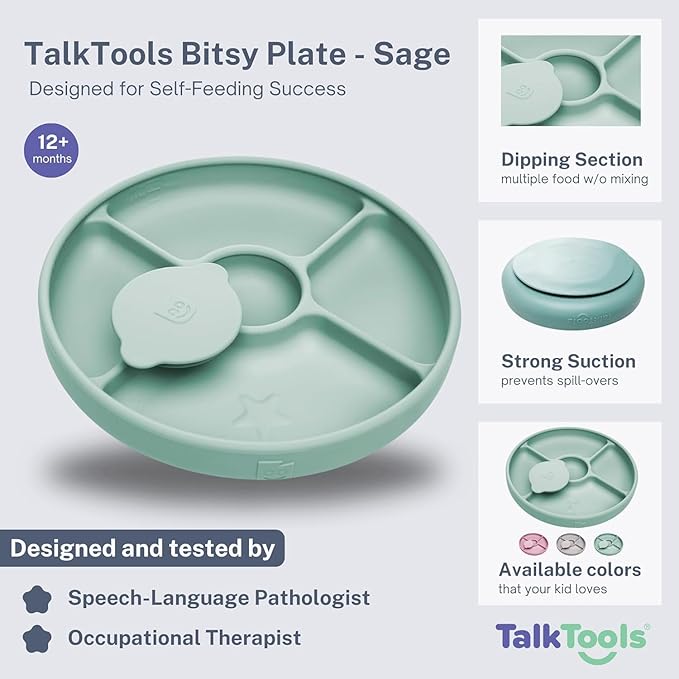 Talktools Bitsy Feeding Kid's Essentials Plate Set – Toddler Utensils, Spoon and Fork, Plate Lid, Perfect for Mealtime – Strong Suction Toddler Plates with 4 Compartments (Set-Sage)