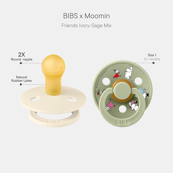 BIBS Colour Moomins Pacifier 2-Pack, BPA Free Pacifier, Round Nipple. Natural Rubber Latex, Made in Denmark, Size 1 (0-6 Months), Ivory/Sage