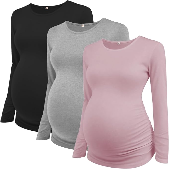Ecavus Women's Maternity Shirts Long Sleeve Soft Stretchy Pregnancy Tops Side Ruched Casual Mama Clothes