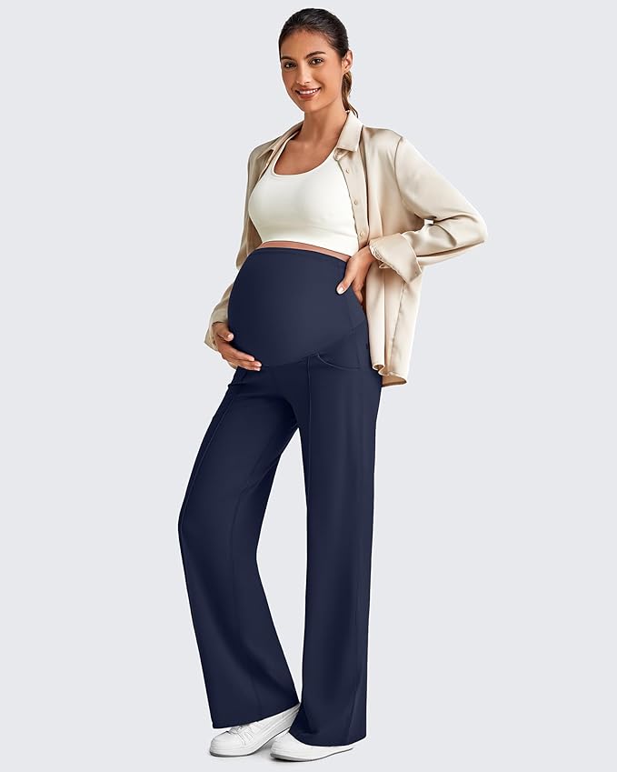 G4Free Maternity Dress Yoga Pants with Pockets Over The Belly Stretchy Work Slack Pregnancy Wide Leg Lounge Trousers