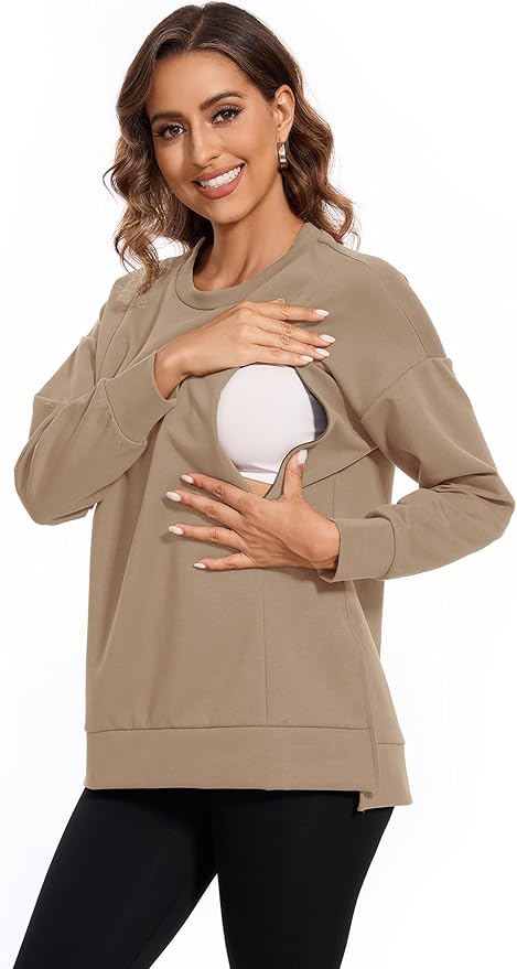 Smallshow Women's Nursing Tops Sweatshirt Long Sleeve Side Split Breastfeeding Shirt