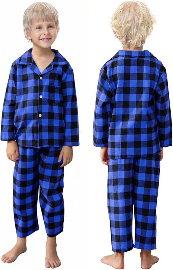 Schbbbta Kids Pajamas Set, Plaid Button Down Pjs for Girls & Boys, 9 Months - 14 Years
