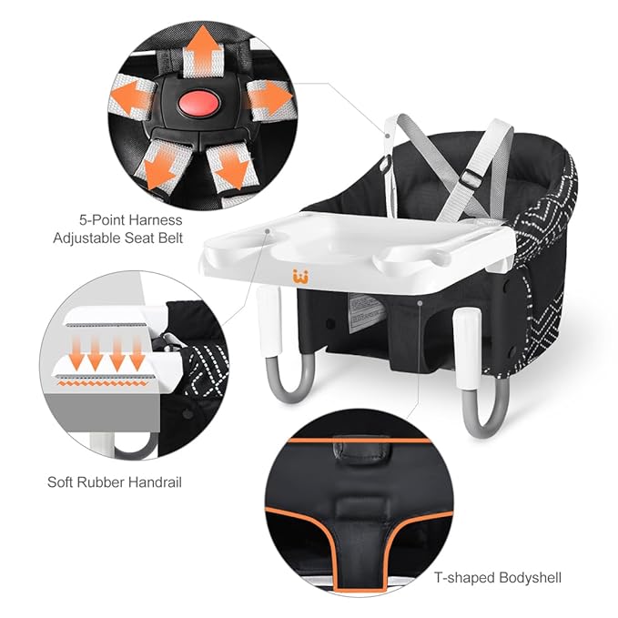 MTWML Hook On High Chair with Tray,Portable Baby High Chair That Attaches to Table,Clip On Fast Table Seat for Babies and Toddlers.Baby Feeding Seat for Dining Tables and Counter(Stripe-Black)