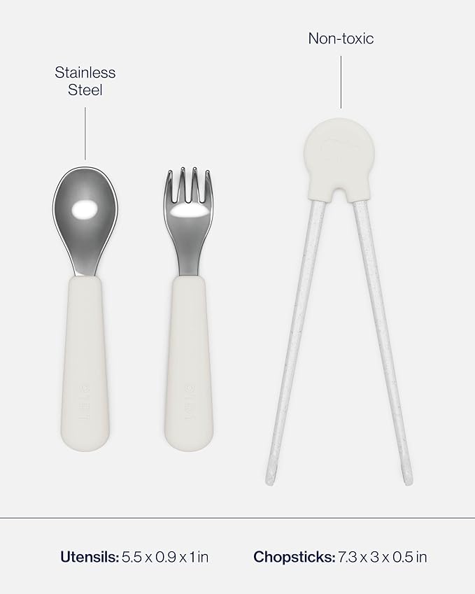 Lalo Big Bites Kids Dinnerware Full Set - Dishwasher Safe, BPA Free, Kids Tableware Set - Includes Stackable Bowl, Plate, Utensils & Cup - 7 Pieces - Oatmeal