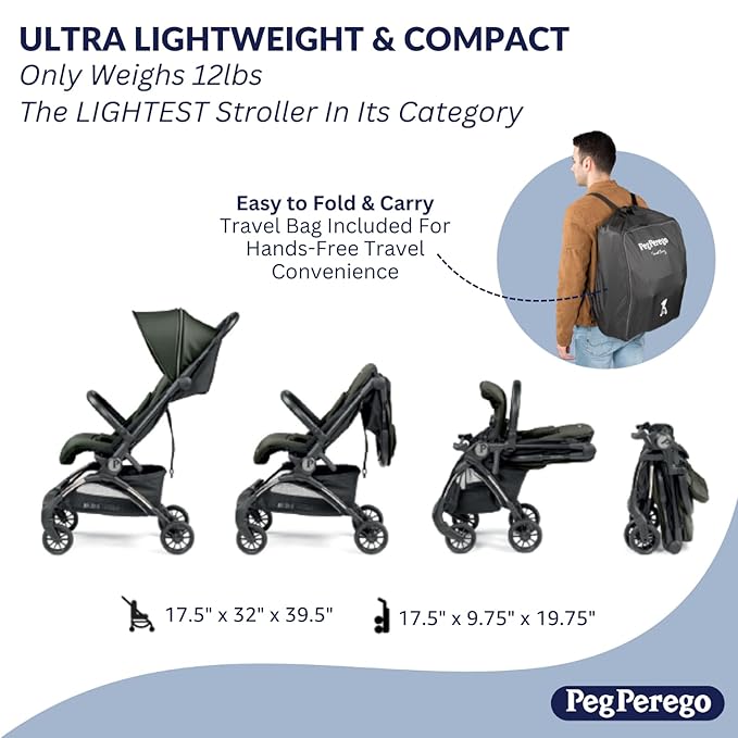 Peg Perego Volo, Ultra Lightweight Carry On Compliant Travel Stroller, Adjustable Features & Reclining Seat - Designed for Everyday Comfort from Newborn to 50lbs, Mon Amour (Beige & Pink)