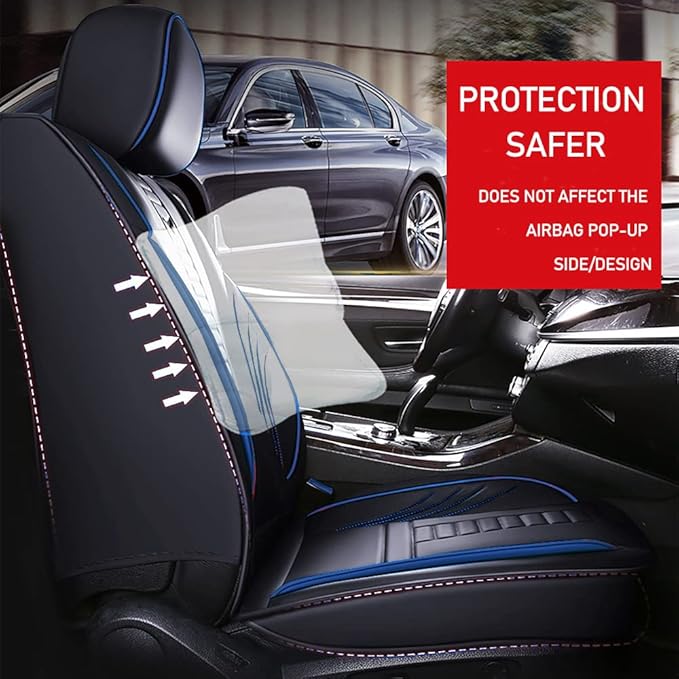 Waterproof 5 Car Seat Covers for Suzuki 1999-2025 95% Models, Premium Faux Leather Automotive Front and Back Seat Protectors Compatible with Airbag Black & Blue Line