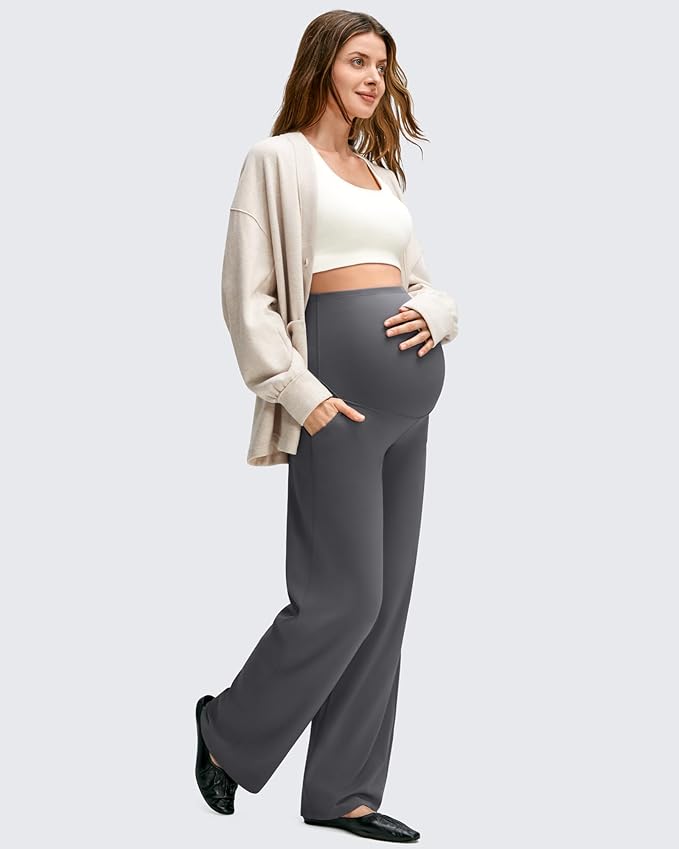 G4Free BareFeel Maternity Dress Yoga Pants with Pockets Over The Belly Stretchy Work Slack Pregnancy Wide Leg Casual Trousers