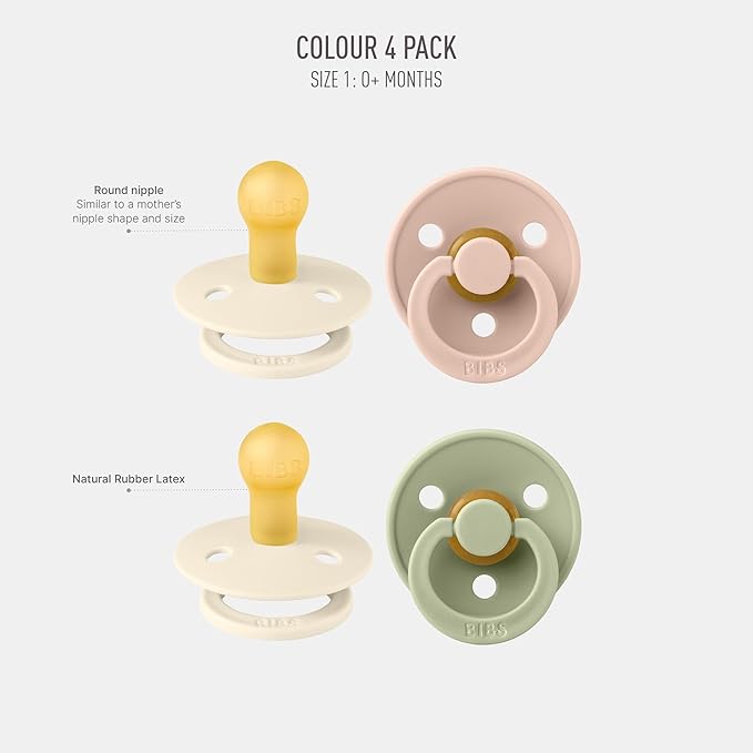 BIBS Colour Soother 4-Pack | BPA Free Dummy Pacifier | Round Nipple | Natural Rubber Latex | Made in Denmark | Size 0-6 Months | Ivory Mix