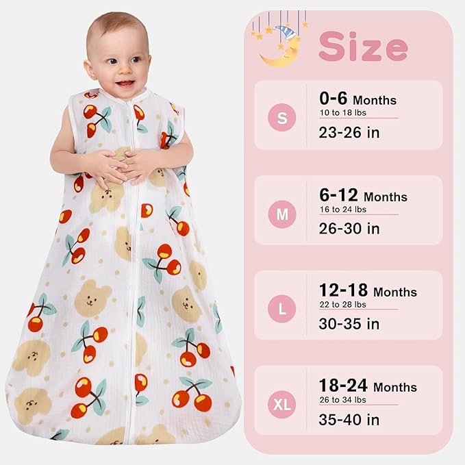 2 Pack Baby Sleep Sack 18-24 Months 100% Organic Cotton Muslin Baby Sleeping Bag 2-Way Zipper Wearable Blankets (Flower & Cherry, X-Large)