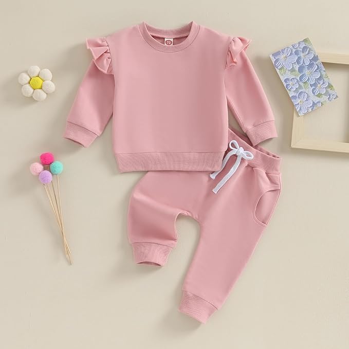 Fernvia Toddler Baby Girl Clothes 3 6 9 12 18 24 Months Fall Outfits Solid Long Sleeve Sweatshirt Tops + Pants Set