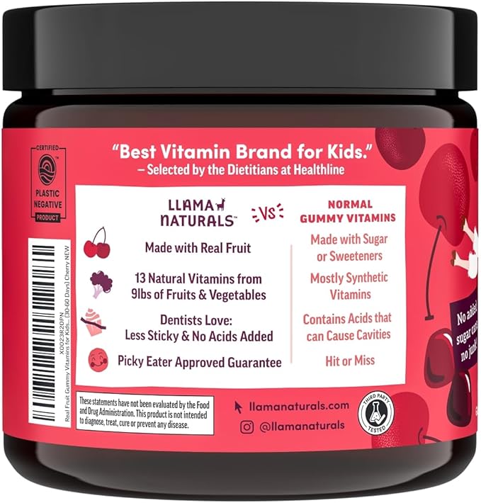 Llama Naturals Kids Multivitamin Gummies, Vegan, Organic with Vitamin D, C & K, Toddler Real Fruit Gummy Vitamins, Chewable Supplement, Whole Food Multivitamin, No Added Sugar Cane, Cherry, 2 Pk