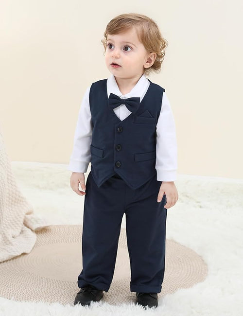 A&J DESIGN Baby Boy Suits Clothes Infant Toddler Formal Gentleman Outfits, Dress Shirt + Vest + Bow Tie + Pants Wedding Set