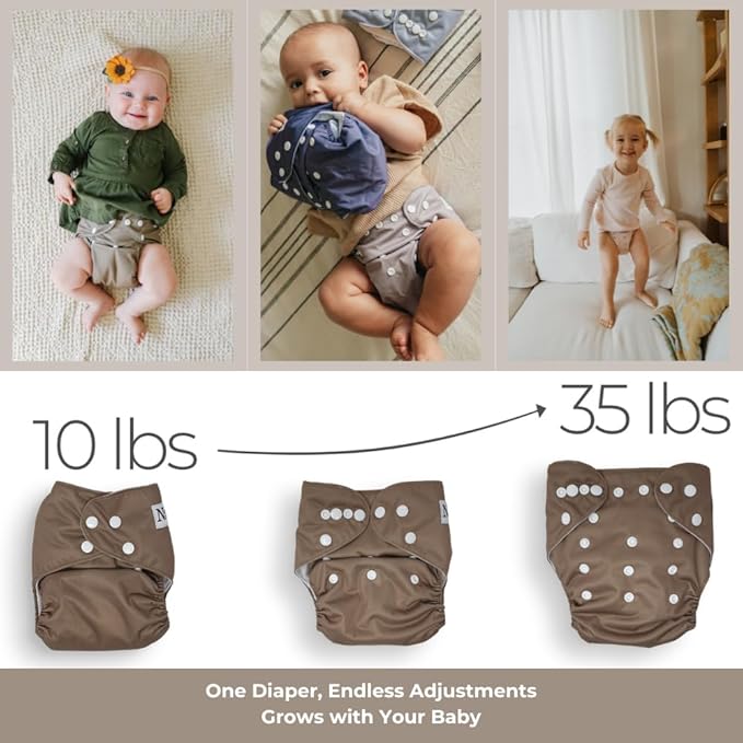 Nora's Nursery Cloth Diapers 7 Pack with 7 Inserts & 1 Wet Bag - Waterproof Cover, Washable, Reusable & One Size Adjustable Pocket Diapers for Newborns and Toddlers - Winter White