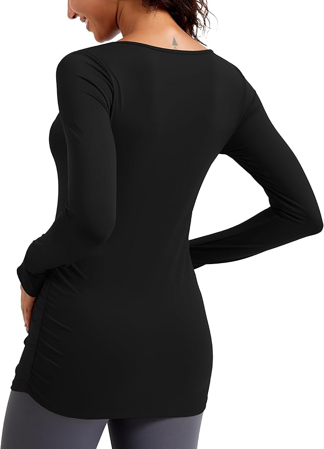 MathCat Maternity Long Sleeve Shirt with Thumbleholes, Maternity Tops Squar Neck Side Ruched Pregnancy Yoga Casual Tee