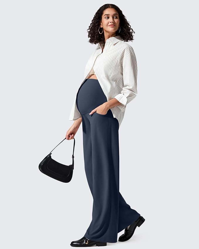 G4Free Ribbed Maternity Yoga Pants with Pockets Over The Belly Wide Leg Casual Pregnancy Lounge Trousers